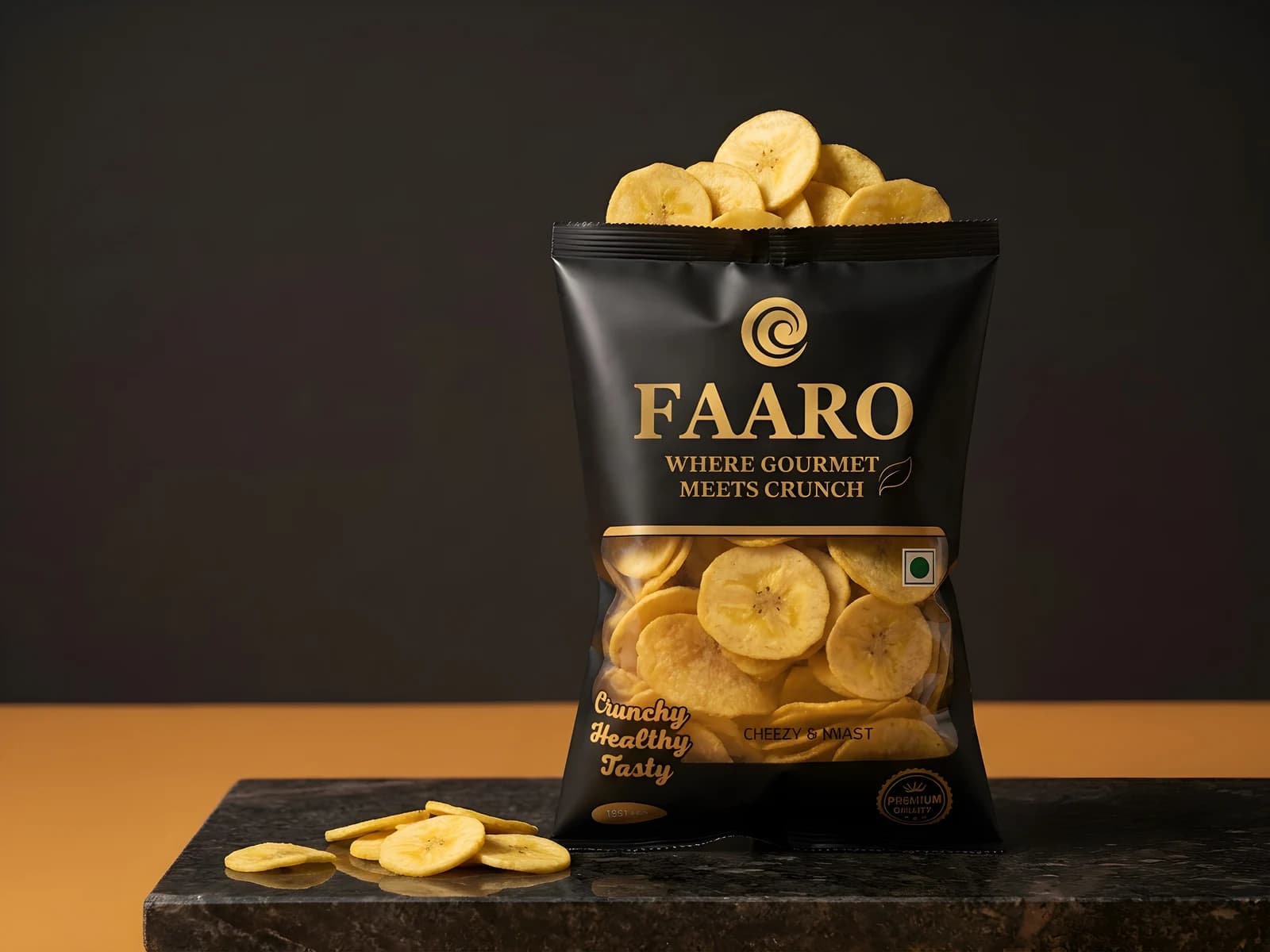 A Faaro banana chips pack lit against a dark amber backdrop, with flat golden Kerala banana chips spilling from the top and scattered on the stone ledge