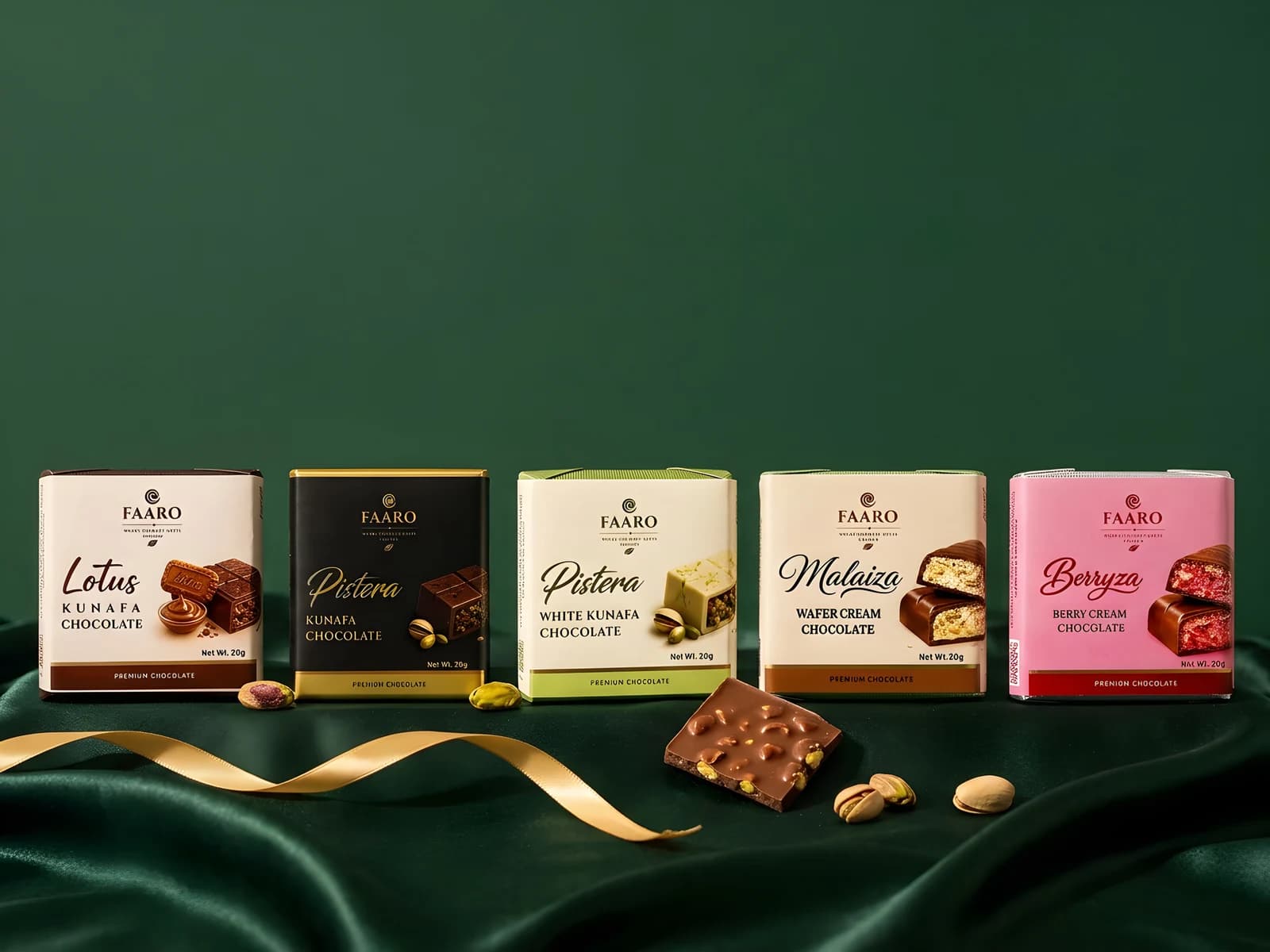 Five Faaro 20g chocolate packs — Lotus, Pistera, white kunafa, Malaiza wafer and Berryza — arranged as a gift set on dark green satin with gold ribbon