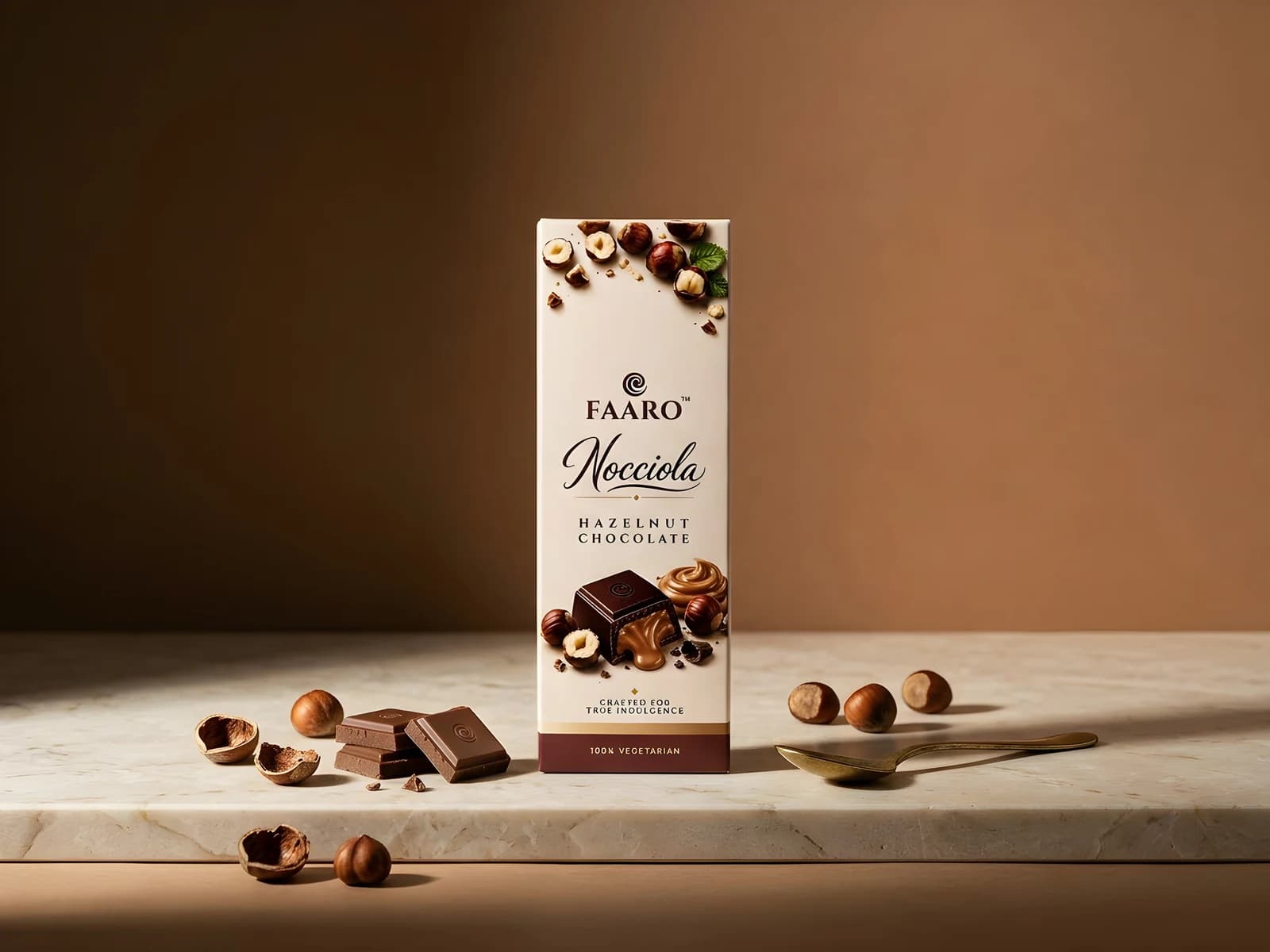 A Faaro Nocciola hazelnut chocolate bar on a cream marble ledge with whole roasted hazelnuts and broken chocolate squares