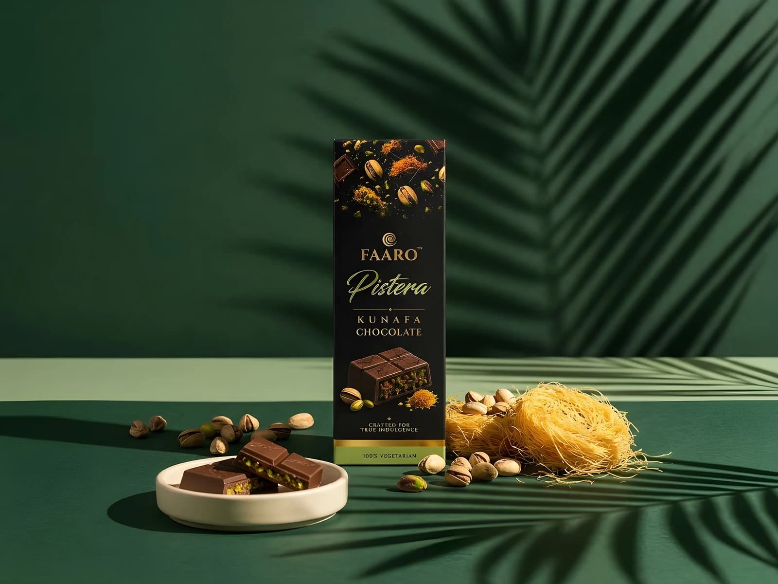 A Faaro Pistera kunafa chocolate bar standing against a deep green backdrop with pistachios and golden kunafa strands scattered around it