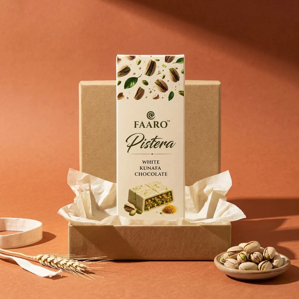 A Faaro Pistera White kunafa bar lying in an opened kraft tasting box lined with tissue
